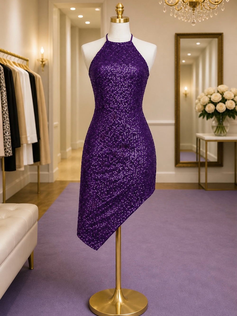 TOCCIN x RTR Purple Sequin Asymmetrical Halter Dress Sz 6 Cocktail Pre-Loved